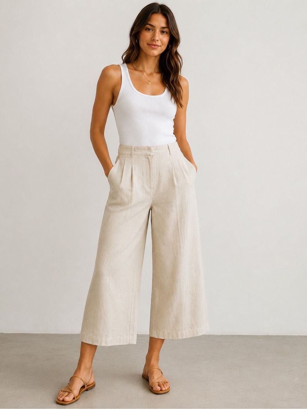 ZARA Women’s M Beige Linen Blend High Rise Wide Leg Cropped Pants
